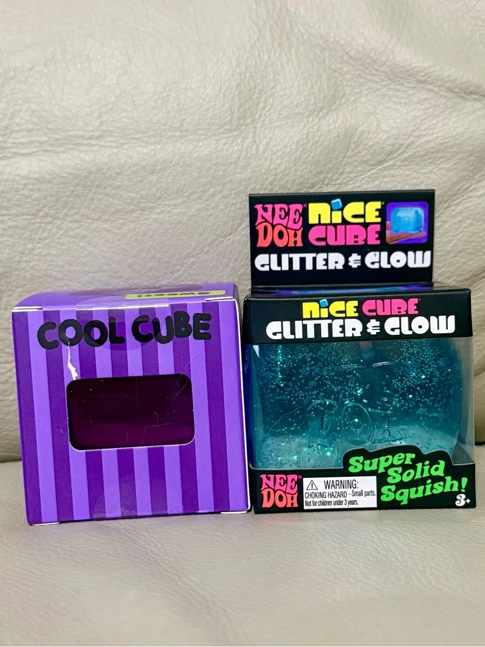 NeeDoh BLUE Glitter & Glow Nice Cube & Purple J’adore Cool Cube Squishy